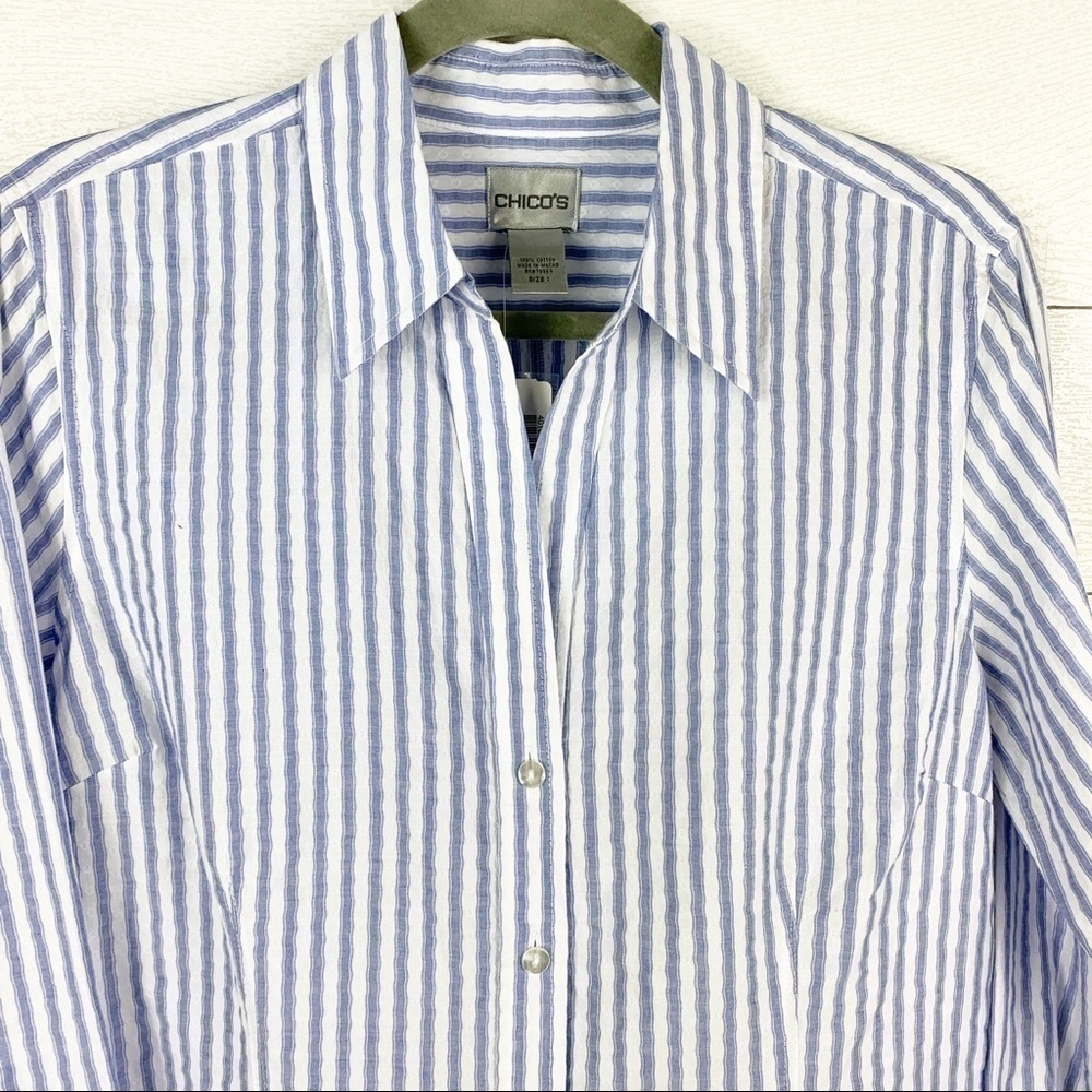 𝅺Chico’s Ladybird Stripe Ellsbury Shirt Button Down White Blue Medium Academia - Picture 3 of 8
